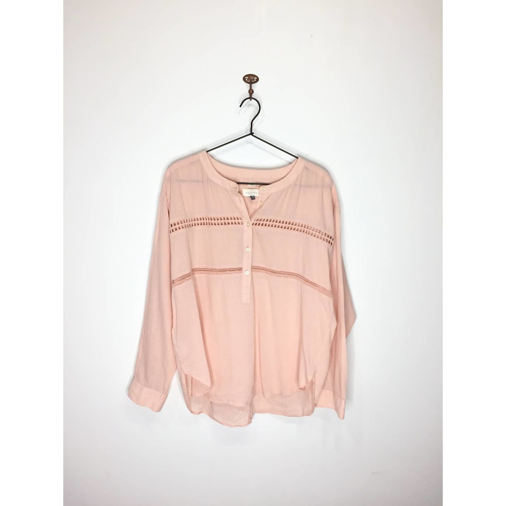 LOFT Softened Shirt Pink Long Sleeve Popover Tunic Rounded Hem Women's Medium